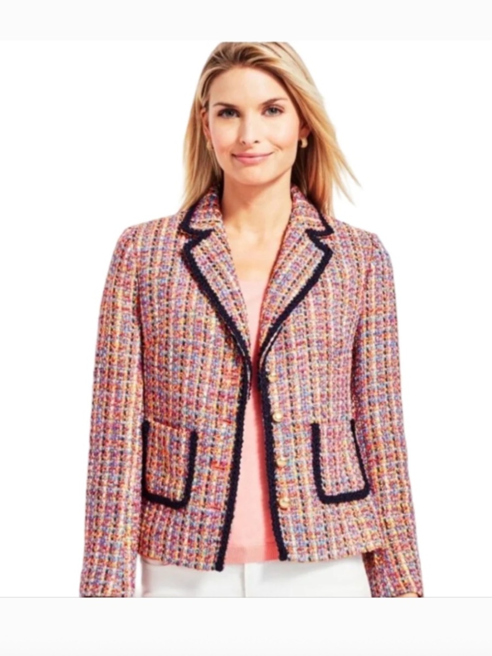 🌷Talbots Colorful Confetti TWEED  Boucle CONTRAST-TRIM JACKET Blazer Size 14WP